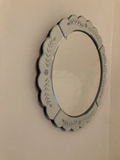 Venetian Style Mirror Etched Glass Flower Design Edge - 16 Inches - VGC