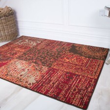 Warm Red Orange Grey Patchwork Rugs Traditional Rug Cosy Modern Large Area Mats