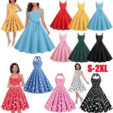 Women 1950s Retro Rockabilly Dress Halter Sleeveless 50's Vintage Swing Dress UK