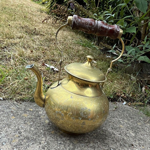 Engraved brass tea kettle - tea,