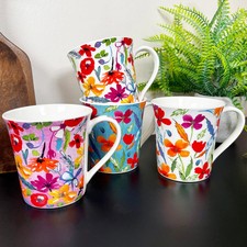 Full Floral Bloom 380ml Mugs Set Of 4 Bone China Colourful Flowers Coffee Cups