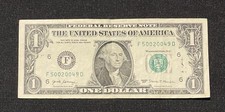2017 $1 Dollar Bill Serial Number F50020049D
