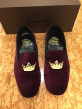 Church's Wine Velvet Slippers Loafers with Golden Embroidered Crown - used once