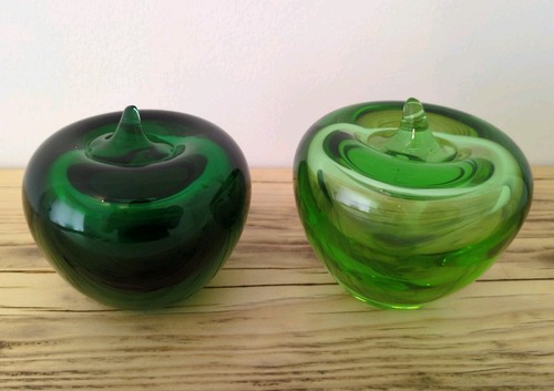 Pair green art glass apple - pair,