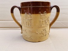Antique Doulton Lambeth Salt Glaze Loving Cup Deer Hunting Two Handled Mug AF