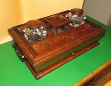 WRITING DESK STAND Solid Oak Antique Crystal Inkwells