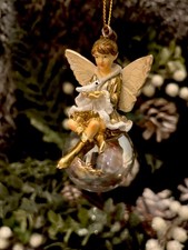 Gisela Graham Dainty Gold White Fairy Holding Bird Sitting Christmas Bauble
