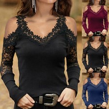 Women Sexy Lace Cold Shoulder T Shirt Tops Ladies Long Sleeve Gothic Punk Blouse