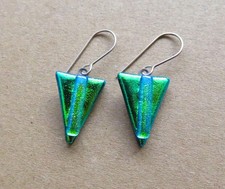 Green Dichroic Glass Earrings 925 Sterling Silver Hooks ~Handmade in UK