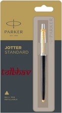 Parker Jotter Standard GT Gold Trim Ball Point Pen BP Black Body Blue Ink New