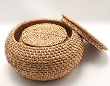 Vintage Woven Rattan Lidded Nesting Baskets VGC
