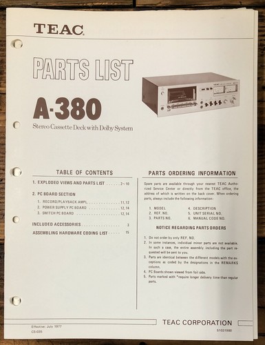 Teac 380 cassette parts list - a-380,