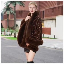 Elegant Sequin Cape Wrap with Plush Faux Fur in Brown