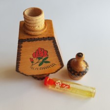 Bulgarian Rose Oil perfume miniature glass bottle decorative wooden case vintage