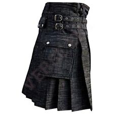 Men's Traditional Scottish Black Cotton Utility Kilt Handmade Cargo Pocket Kilts