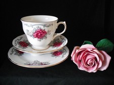 Vintage Pretty Gainsborough Bone China Trio Tea Cup Saucer Plate Red Roses