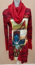 Aventures des Toiles Wearable Art Tunic Size 40 Red Multi Front Panel Cowl Neck
