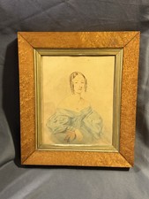 Antique Primitive Folk Art Portrait Watercolor Painting w/ Birdseye Maple Frame