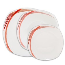 12-pc Dinner Set White Soup Dessert Plates Red Lines Semi Square Four Servings