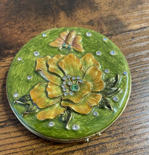 VINTAGE ENAMELED FLORAL COMPACT WITH BUTTERFLY & SMALL VINTAGE HAND MIRROR