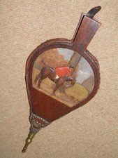 Antique Oak & Leather Fireplace Bellows - Hand-Carved & Painted Hunting Scene