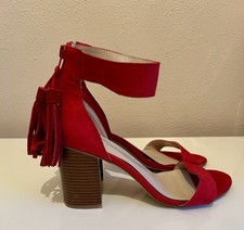 Ladies Red Satin Dress Shoes Size 7 Block Heel Ankle Strap With Tassels On Back