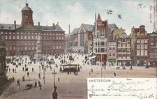 Amsterdam, NETHERLANDS - Dam - 1905 - trolley, pushcarts