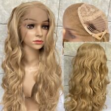 Long Wavy Lace Front Human Hair Blend Heat Ok Wigs Blonde Mix 27/613 Women