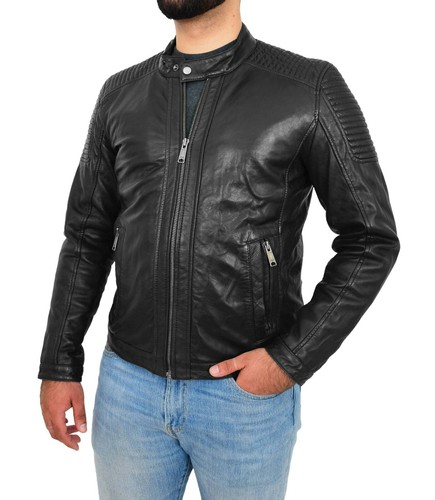 Mens black real leather biker - real,