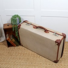 Large Vintage 1960's Demob Suitcase in Beige with Leather Handles & Trim.