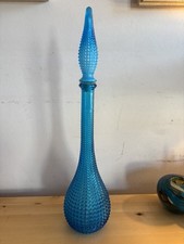 Rare Vintage mid century  Empoli  diamond cut Glass Genie Bottle  Turquoise Blue