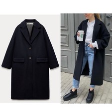 NWT ZARA WOMEN’S M/L NAVY BLUE OVERSIZED LONG WOOL BLEND COAT OVERCOAT