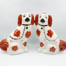 Pair of Tall Staffordshire Comforter Spaniel Dogs, Red & White, Gilt Highlights