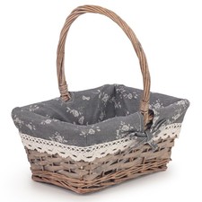 Woodluv Vintage Rectangle Wicker Hamper Storage Basket With Long Handle, Grey