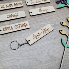 Personalised Long Wooden Keyrings - Garage Patio Door Shed Cottage
