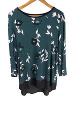Woman Tunic Top Relaxed Green Black Floral Layered Look Jersey 3/4 Sleeves UK 14