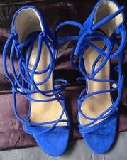 Royal Blue Lace Up Heels Size 4 Faux Suede Leg Tie Block High Heel Sandal Shoes
