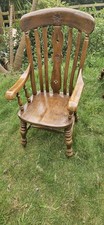 Vintage Solid Wood Farmhouse Carver Chair – Floral Carved Back, Turned Legs