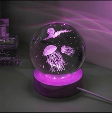 3D Jellyfish Laser engraved crystal ball LED night light, christmas day gift
