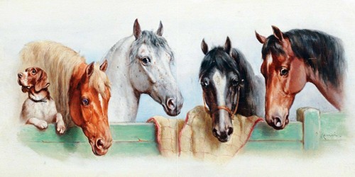 Tile mural dog and four - and, horses
