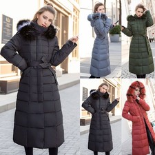 Women Winter Fur Long Quilted Parka Warm Puffer Ladies Padded Hooded Jacket Coat