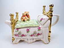 Teapottery Limited Edition Teapot, Bed With Teddy Bears Pink Rose Design Pillows