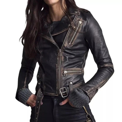 Women distressed black biker - black,