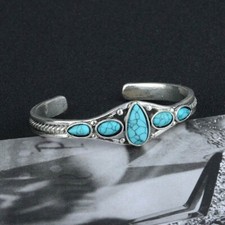 Vintage Boho Silver Turquoise Stone Cuff Bracelet – 60mm Adjustable Bangle