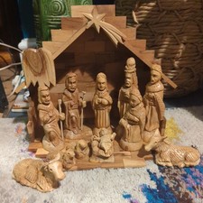 vintage Hand Carved Bethlehem 13-Piece Olive Wood Nativity Scene