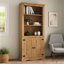 Corona Pine Bookcase 2 Door Display Unit Cupboard Mexican Solid Pine, Wax