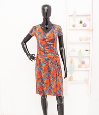 Ellen Eisemann Dress Gathered Twisted Waist Short Sleeve Orange Blue Tropical S