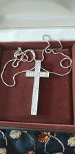 Vintage 1980-s 925 Silver/ Cubic Zirconia  Large Cross Crucifix Pendant & Chain 