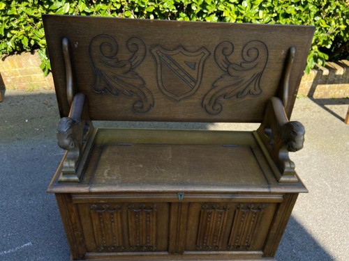 Oak monks hall bench carved - oak,