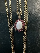 Vintage 9K Gold Ruby & Opal Cluster Pendant Necklace – 10 Rubies, Cabochon Opal